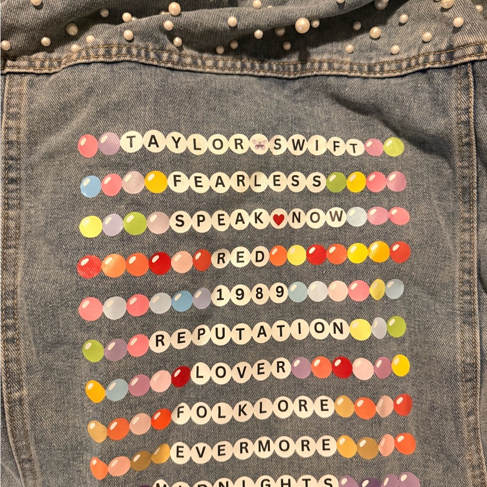 Handmade Pearl Studded Swiftie Denim Jacket with the Eras across the back